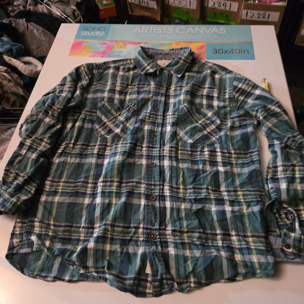 Weatherproof Vintage Mens Green Plaid Flannel Button Down Shirt Large 13968